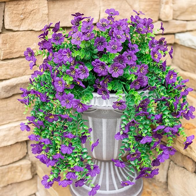 HyeFlora Artificial Flowers for Outdoors Garland Decoration, 2Pcs Dark Purple Fake Hanging Flowers, UV & Fading Resistant, Faux Decor for Home Porch Patio Balcony Planter Yard