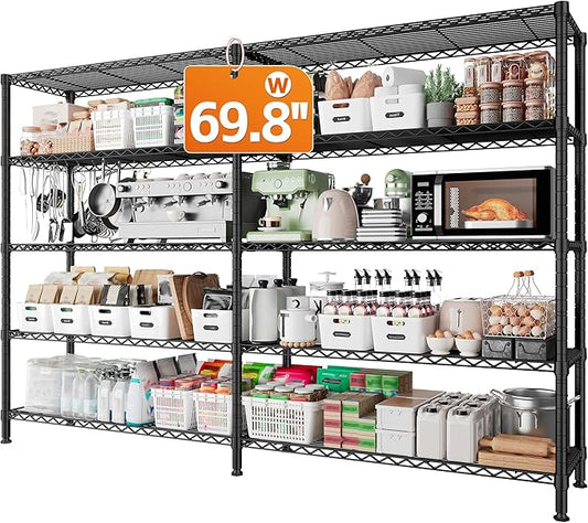 REIBII 1600LBS Storage Shelves 69.8''W Metal Shelving 5 Tier Wire Shelving Unit,Pantry Shelves Kitchen Shelves Adjustable Wire Commercial Shelf for Garage Storage Shelves, 69.8" Wx15.8 Dx72.4 H, Black