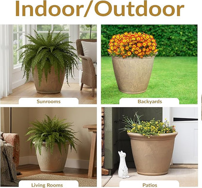 Sunnydaze 24-Inch Anjelica Large Plastic Pot for Plants - Double-Walled Outdoor Polyresin Round Planter Porch Pot with Drillable Drainage Holes - Beige - 3pk
