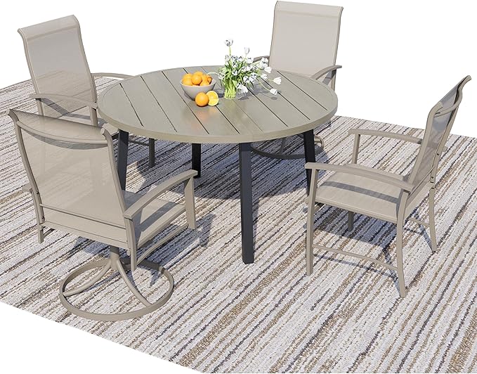 5 Piece Outdoor Dining Set, 42" Ivory Beige Round Outdoor Dining Table with 2 Ivory Beige Swivel Outdoor Dining Chairs and 2 Fixed Patio Table and Chair Set of 4 for Lawn, Garden, or Porch