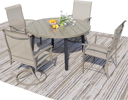 5 Piece Outdoor Dining Set, 42" Ivory Beige Round Outdoor Dining Table with 2 Ivory Beige Swivel Outdoor Dining Chairs and 2 Fixed Patio Table and Chair Set of 4 for Lawn, Garden, or Porch