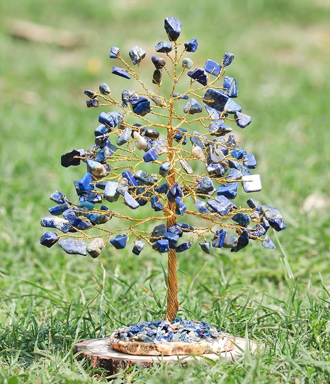 Lapis Lazuli Gemstone Tree of Life - Geode Agate Slice Base, Crystal Tree for Positive Energy, Handmade Chakra Tree, Feng Shui Decor - Good Luck Money Bonsai, Healing Stones Gem Tree, Spiritual Gift