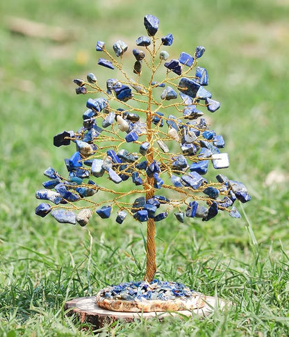 Lapis Lazuli Gemstone Tree of Life - Geode Agate Slice Base, Crystal Tree for Positive Energy, Handmade Chakra Tree, Feng Shui Decor - Good Luck Money Bonsai, Healing Stones Gem Tree, Spiritual Gift