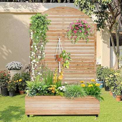 Metal Raised Garden Bed with Trellis, 2-in-1 Planter Box & Privacy Screen for Climbing Plants, Outdoor Standing Flower Bed with Drainage Holes, 47.2" L x 16.7" W x 70.8" H, Acacia Wood Grain-Louvered