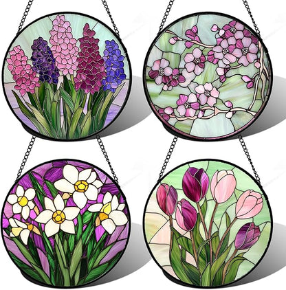 Stained Glass Window Hanging 4 Pcs Set Tulips Plum Flower Daffodils Hyacinths Large 15" - Suncatcher Door Garden Sun Catcher Decor Birthday Mother's Day for Mom Woman Nana