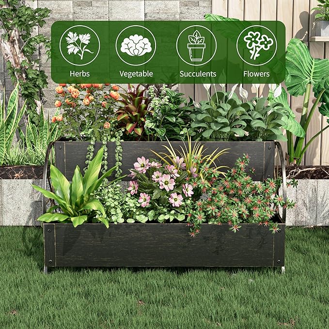Metal Wagon Planter Box, 2-Tier Garden Planter with Wagon Wheels, Decorative Outdoor Planters for Flowers Herbs Vegetables, Flower Cart Small Raised Garden Bed for Patio, Balcony (Retro Gold)