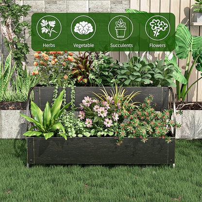 Metal Wagon Planter Box, 2-Tier Garden Planter with Wagon Wheels, Decorative Outdoor Planters for Flowers Herbs Vegetables, Flower Cart Small Raised Garden Bed for Patio, Balcony (Retro Gold)