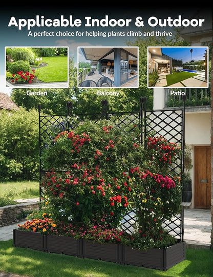 4 PCS Raised Garden Bed with Trellis, 66 in W x 63"Tall Plastic Planter Box for Climbing Plants, Outdoor Vertical Garden with Privacy Screen for Patio, Balcony, Backyard – Sturdy & Lightweight