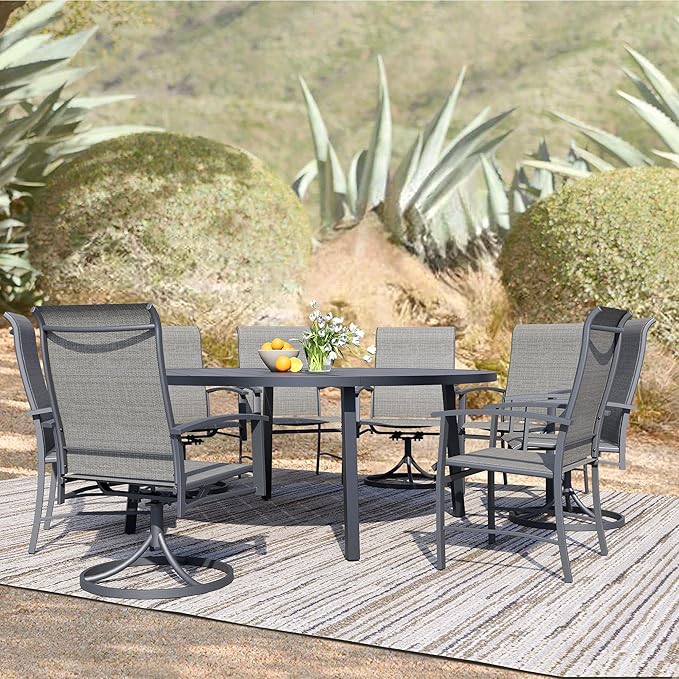 9 Piece Outdoor Dining Set, 60" Black Round Outdoor Dining Table with 4 Grey Swivel Outdoor Dining Chairs and 4 Fixed Patio Table and Chair Set of 8 for Lawn, Garden, or Porch