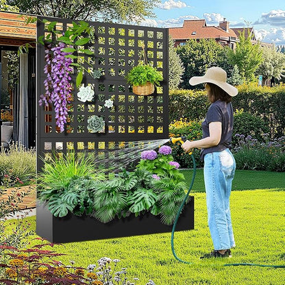 Metal Raised Garden Bed with Trellis, 2 in 1 Trellis with Planter Box & Privacy Screen for Climbing Plants, Vine, Outdoor Standing Flower Beds with Drainage Holes, 47.2" L x 16.7" W x 70.8" H, Black