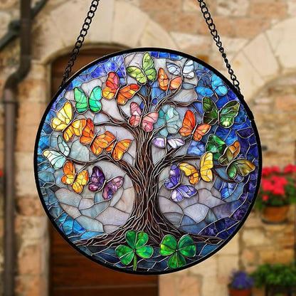 Stained Glass Window Hanging, Butterfly Tree Clover Sun Catchers Glass Panel Blue Suncatcher Decor for Birthday for Women, Men, Wife, Aunt, and Mom 9.8 in