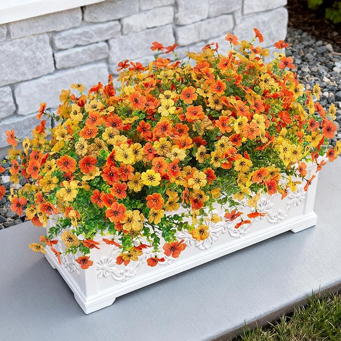 Artificial Fake Plants Flowers for Outdoor Spring Summer Decor,12 Bundles Faux Silk Daisy for Planter Pot Colorful UV Resistant Look Real for Front Door Porch Patio Outside Yard(Yellow Orange)