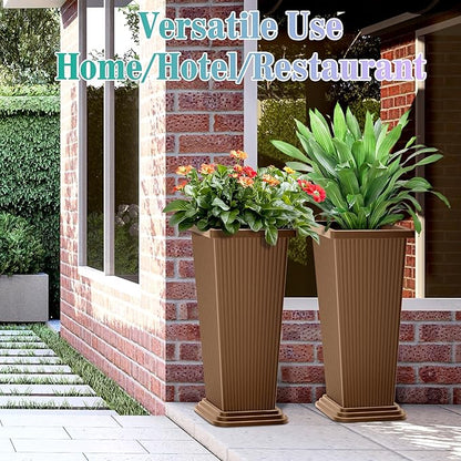 24 Inch Tall Tapered Square Planters (Set of 2) - Indoor Outdoor Large Flower Pots with Built-in Drainage & Matching Water Tray for Patio, Garden, Home - Brown