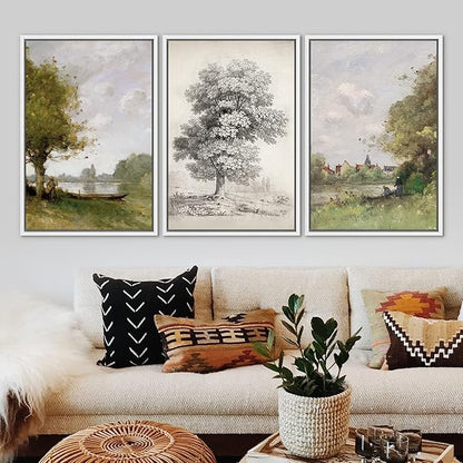 Ashbrook Framed Canvas Print Wall Art Set Forest Tree Field Nature Wilderness Illustration Fine Art Decorative Floral Botanical Garden Vintage for Living Room, Bedroom, Office - 16"x24"x3 White