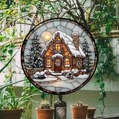 Stained Glass Window Hanging - Christmas Tree Cottage Sun Catcher for Door Garden Home Winter Decor Snowy Night Suncatcher Mother's Day Birthday Gifts for Women Men Mom Nana 7.8 in