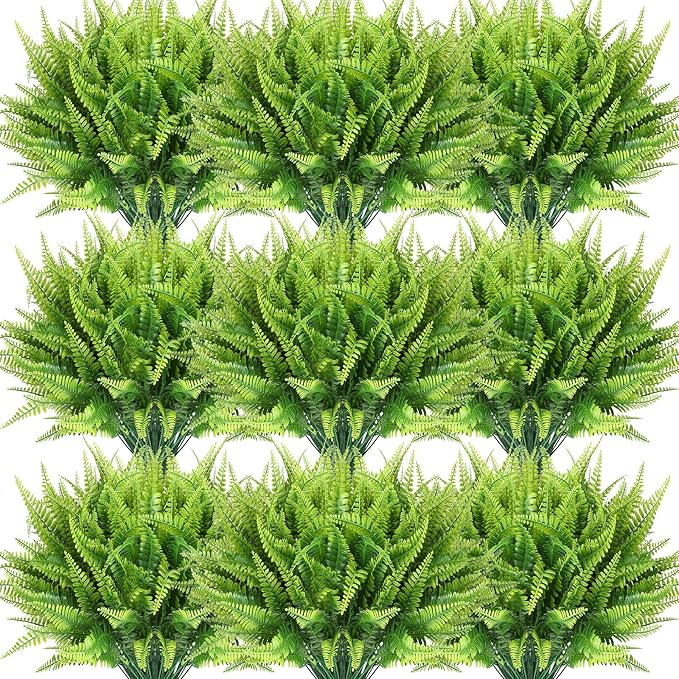Janinka 40 Pcs Artificial Boston Fern Plants Fake Boston Fern Stems UV Resistant Faux Plants Artificial Outdoor Plastic Bushes Bulk for Hanging Office Porch Window Home Decor