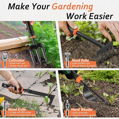 HaSteeL Garden Tools Set, 11 Pcs Gardening Supplies Hand Tool Kit for Women Men Gardeners, Include Tote Bag, Reportting Mat, Transplant Trowel, Rake, Pruner for Outdoors