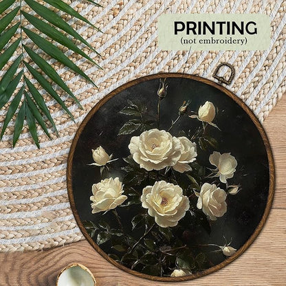 cvjutf Vintge Moody Rose Floral Wall Art Decor Framed, Dark Academia Antique Botanical Floral Round Wall Decor, Retro Dark Cottagecore Flower Canvas Prints Art for Gallery Bedroom Living Room, 10x10