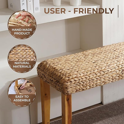 Solid Wood Acacia Indoor Bench with Natural Woven Seat, 47" Boho Bench Entryway, Wood Bench for Living Room or Entryway, Vintage Bench (Fishbone Style - Natural, Water Hyacinth)
