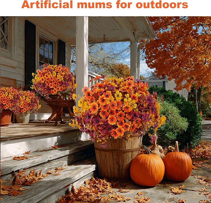 Artificial Fall Flowers for Outdoor Fake Mums - 16 Bundles Fake Plants UV Resistant No Fade Faux Plastic Greenery Garden Porch Patio Home Decor(16, BrownOrangeYellow)