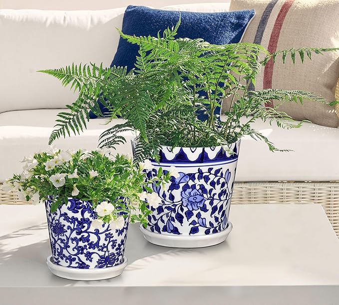 Hollyone 2PCS Blue and White Vase Flower Pot Porcelain Pots Vases Chinoiserie Vase Classic Ceramic Chinese Floral Pot Vases for Bedroom Living Room Console Table Accent Shelf Tabletop Home Decor