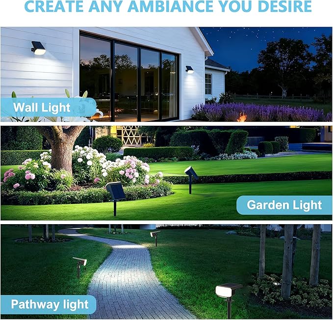 Solar Lights Outdoor Waterproof IP65, Super Bright LED, 6500K 2 Lighting Modes, Solar Powered Yard Garden Solar Spot Lights for Outside Landscape Auto On/Off -6500K,2 Pack