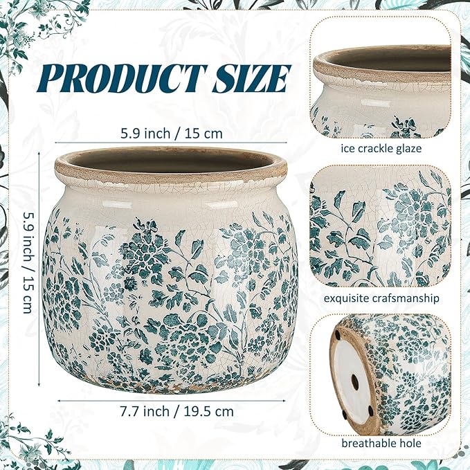 7.7" Large Ceramic Plant Pot Beige Green Vintage Peony Crackle Glaze Rustic Flowers Pot Decorative Planter with Drainage for Indoor Outdoor Plants Home Kitchen Office Decor Gift