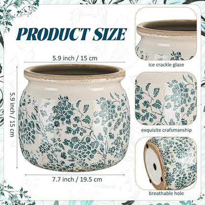 7.7" Large Ceramic Plant Pot Beige Green Vintage Peony Crackle Glaze Rustic Flowers Pot Decorative Planter with Drainage for Indoor Outdoor Plants Home Kitchen Office Decor Gift
