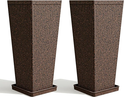 Tapered Tall Planters for Outdoor Plants 2 Pack- 23.6 Inch Heavy-Duty Classic Square Indoor Flower Pots with Drainage Holes/Partition/Tray, Large Outdoor Planters for Porch Patio, Brown