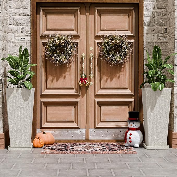 Tapered Tall Planters for Outdoor Plants 2 Pack- 23.6 Inch Heavy-Duty Classic Square Indoor Flower Pots with Drainage Holes/Partition/Tray, Large Outdoor Planters for Porch Patio, Beige