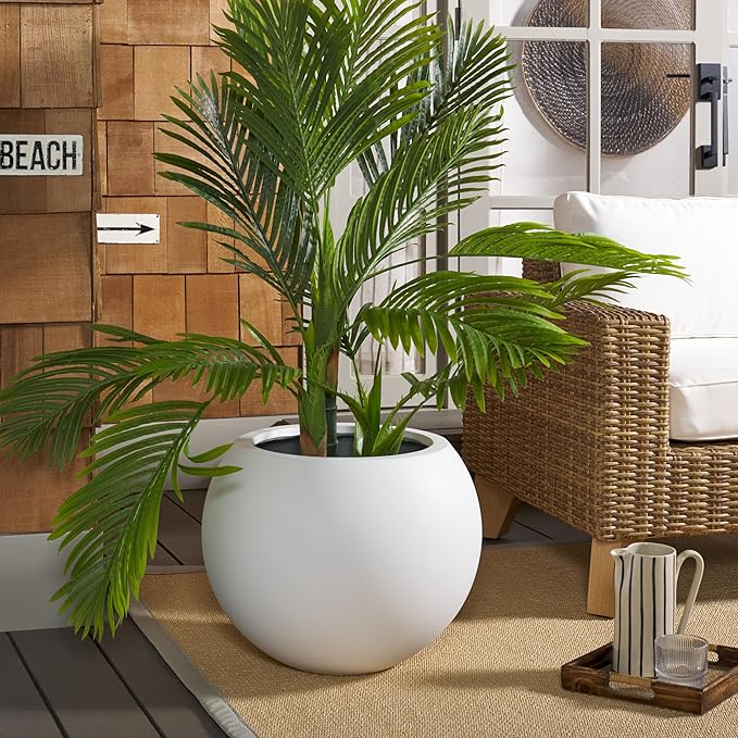SAFAVIEH Outdoor Patio Furniture Kenslia White Concrete Ficonstone Round Planter Pot (Fully Assembled)