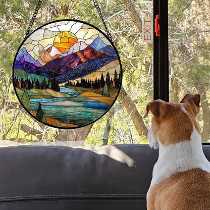 Stained Glass Window Hanging, Blue Lake Golden Sun Abstract Mountains Landscape Suncatcher for Doors Window Home Sun Catchers Decor Mother's Day Birthday Gifts for Women Men Mom 11.8 in
