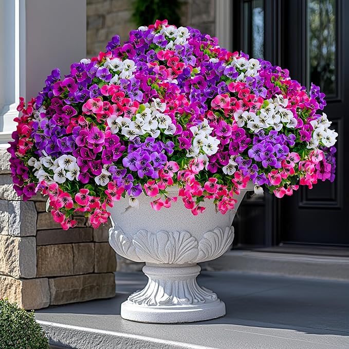 Artificial Pansies Flowers Outdoor Fake Plants - 16 Bundles UV Resistant No Fade Faux Shrubs Plastic Greenery Home Garden Porch Patio Decoration (16, Mixed01)