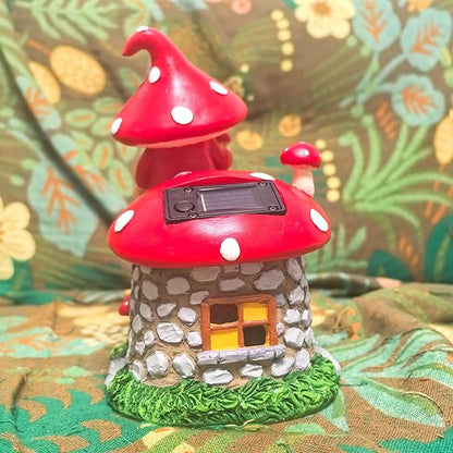 Solar Mushroom Gnomes Houses Figurine Lights, 8" Height Fairy Garden House LED Ornaments for Outside, Lighting Statue for Yard Patio Lawn Porch, Gardening Gifts for Women Mom Grandma