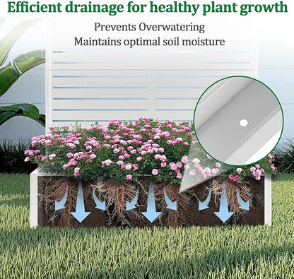 Metal Raised Garden Bed with Trellis, 2 in 1 Trellis with Planter Box & Privacy Screen for Climbing Plants, Vine, Outdoor Standing Flower Beds with Drainage Holes, 47" L x 16" W x 71" H, White