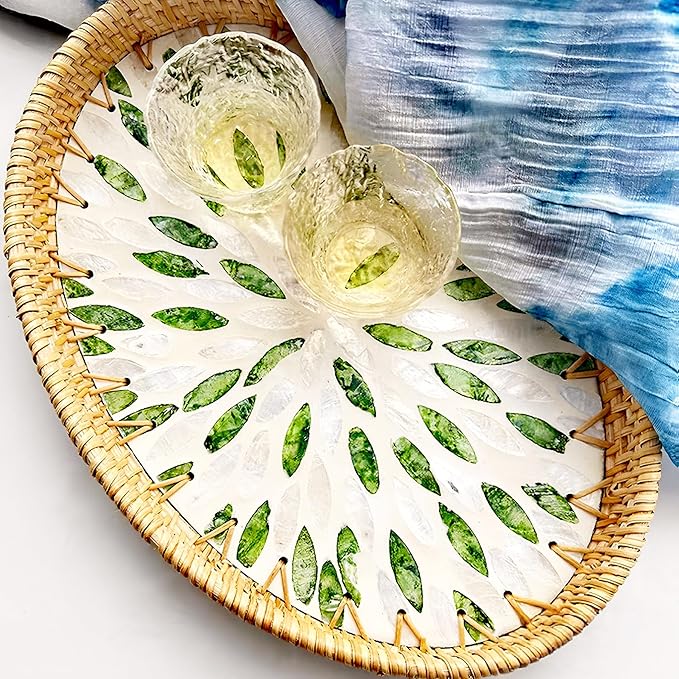 i-lan Set of 3 Oval Rattan Serving Trays with Mother of Pearl Inlay, 13" 12" 11" Woven Platters for Home Decor, Coffee Table, Vanity & Display