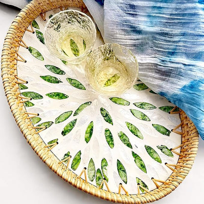 i-lan Set of 3 Oval Rattan Serving Trays with Mother of Pearl Inlay, 13" 12" 11" Woven Platters for Home Decor, Coffee Table, Vanity & Display