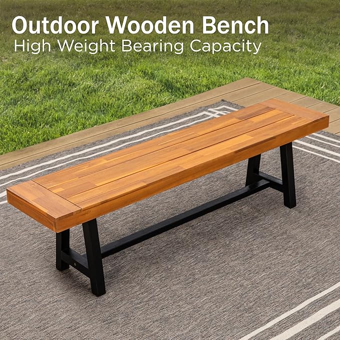 PHI VILLA Outdoor Acacia Wood Bench, 63" Long Patio Wooden Picnic Bench for 3 People, Backless Oil Finished Teak Furniture for Garden, Porch, Yard