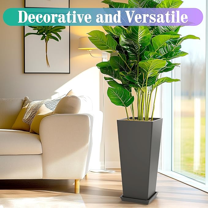 24 Inch Tall Tapered Square Planters (Set of 2) - Indoor Outdoor Large Flower Pots with Built-in Drainage & Matching Water Tray for Patio, Garden, Home - Gray