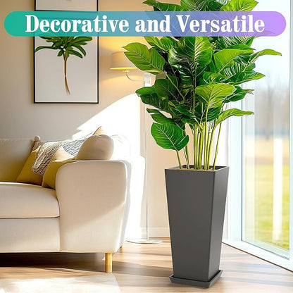 24 Inch Tall Tapered Square Planters (Set of 2) - Indoor Outdoor Large Flower Pots with Built-in Drainage & Matching Water Tray for Patio, Garden, Home - Gray