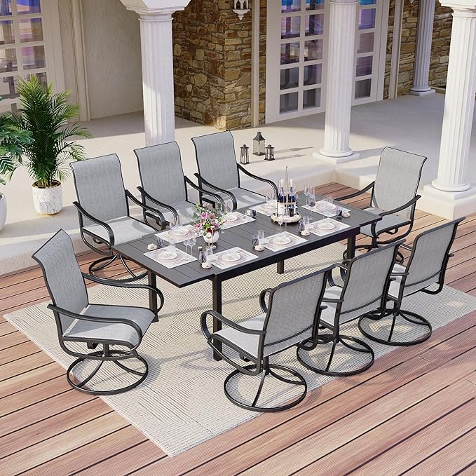 MFSTUDIO Patio Table and Chairs Set for 8, Patio Dining Set with Expandable Table and Swivel Chairs, 9 Piece Outdoor Dining Set for Deck/Backyard/Poolside/Garden