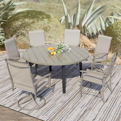 7 Piece Outdoor Dining Set, 47" Ivory Beige Round Outdoor Dining Table with 2 Ivory Beige Swivel Outdoor Dining Chairs and 4 Fixed Patio Table and Chair Set of 6 for Lawn, Garden, or Porch