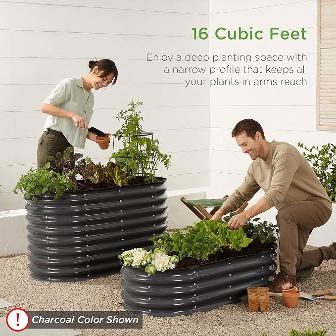 Best Choice Products 4x2x2ft Outdoor Metal Raised Garden Bed, Oval Deep Root Planter Box for Vegetables, Flowers, Herbs, and Succulents w/ 101 Gallon Capacity, Rubber Edge Guard - Wood Grain