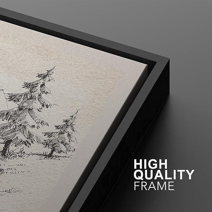 Ashbrook Framed Canvas Print Wall Art Set Vintage Country Forest Landscapes Nature Wilderness Illustrations Fine Art Floral Botanical Minimal Calm/Relax/Cozy for Bedroom - 16"x24"x3 BLACK