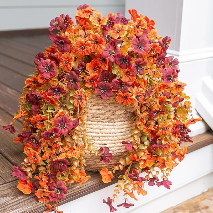 HyeFlora Artificial Autumn Flowers for Outdoors Fall Light Orange & Brown Daisy, Fake Hanging Decoration, 2Pcs Outside Decor, Realistic Plants, Silk Flower for Porch Patio Balcony Planter Yard