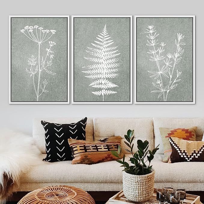 Ashbrook Framed Canvas Print Wall Art Set Green Forest Flower Plant Silhouette Nature Wilderness Illustrations Modern Art Rustic Chic Colorful for Living Room, Bedroom, Office - 16"x24"x3 White