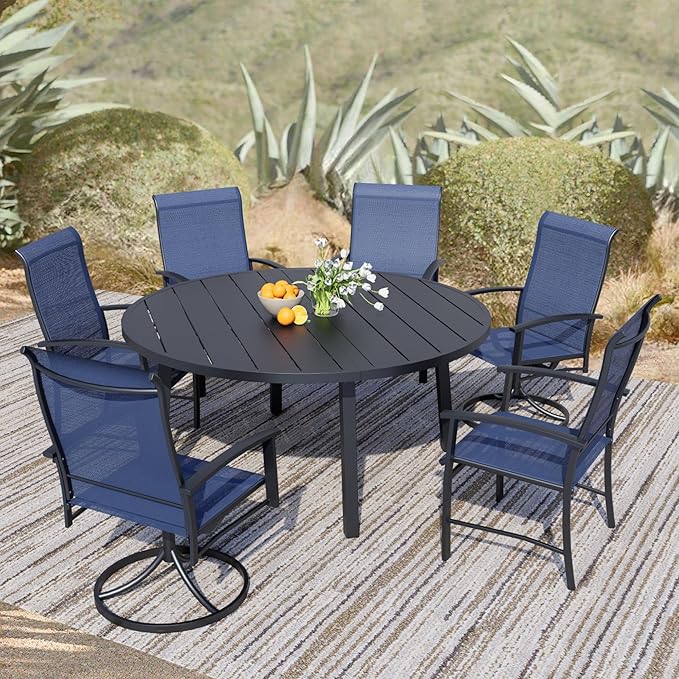 7 Piece Outdoor Dining Set, 47" Black Round Outdoor Dining Table with 2 Blue Swivel Outdoor Dining Chairs and 4 Fixed Patio Table and Chair Set of 6 for Lawn, Garden, or Porch