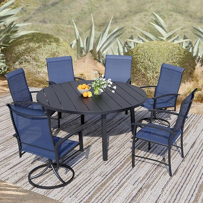 7 Piece Outdoor Dining Set, 47" Black Round Outdoor Dining Table with 2 Blue Swivel Outdoor Dining Chairs and 4 Fixed Patio Table and Chair Set of 6 for Lawn, Garden, or Porch