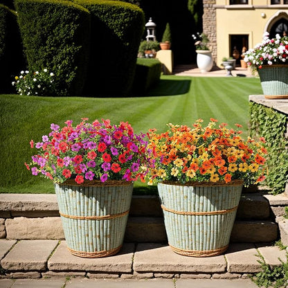 Artificial Fake Mums Flowers for Outdoor Fall Decor, 12 Bundles Faux Silk Plants Daisy for Planter Pot Colorful UV Resistant Look Real for Front Door Porch Patio Outside Yard(Red Purple)