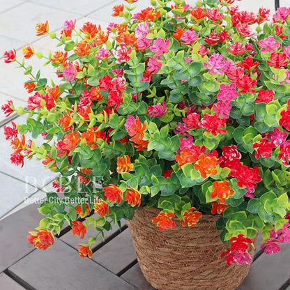UV Resistant Artificial Flowers for Indoor and Outdoor Use, 12 Bundles Not-Fading Faux Plants for Porch, Patio, Garden, and Home Decoration - Orange Pink Red